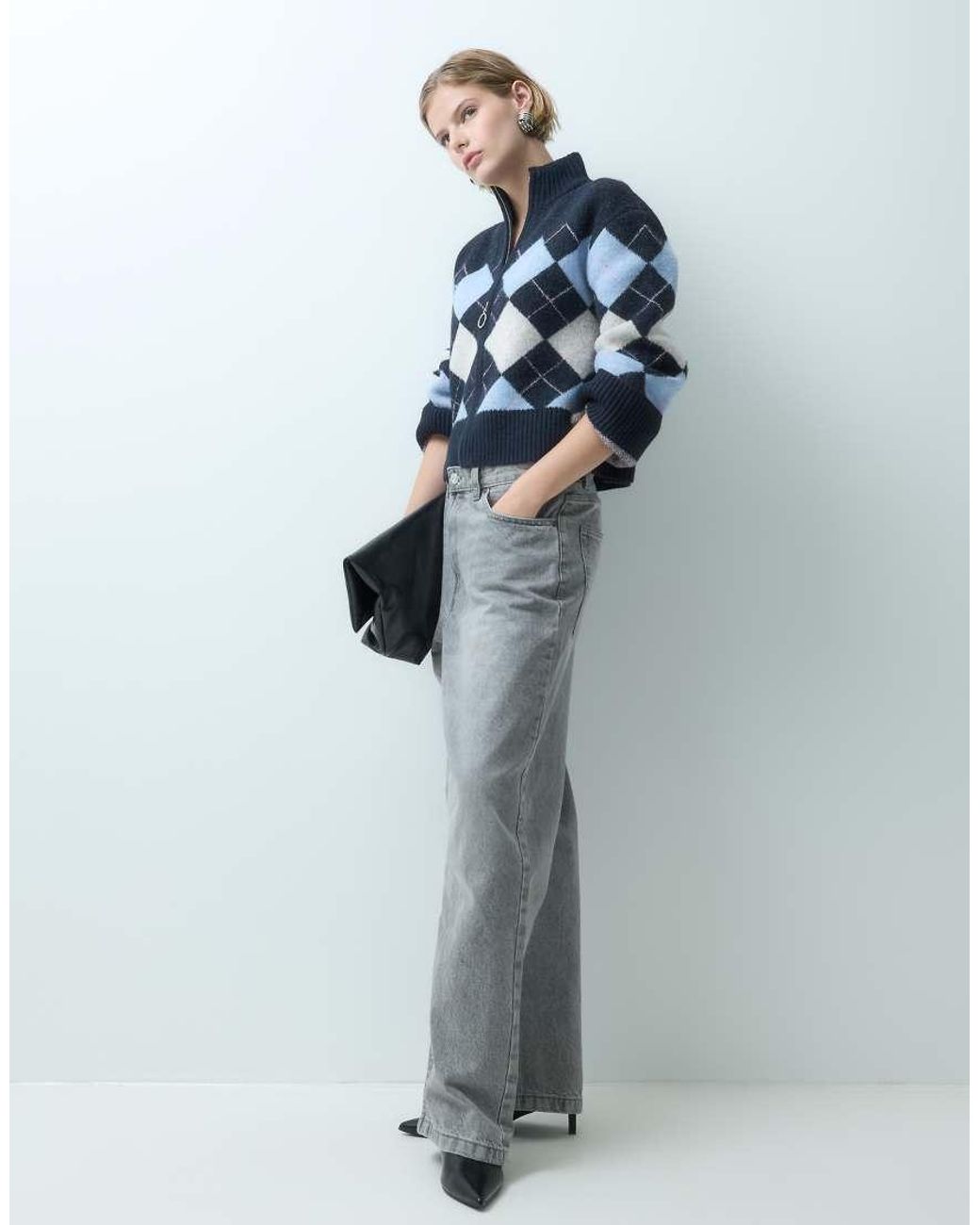 Miss Selfridge Multicolor Zip Funnel Neck Argyle Cardigan