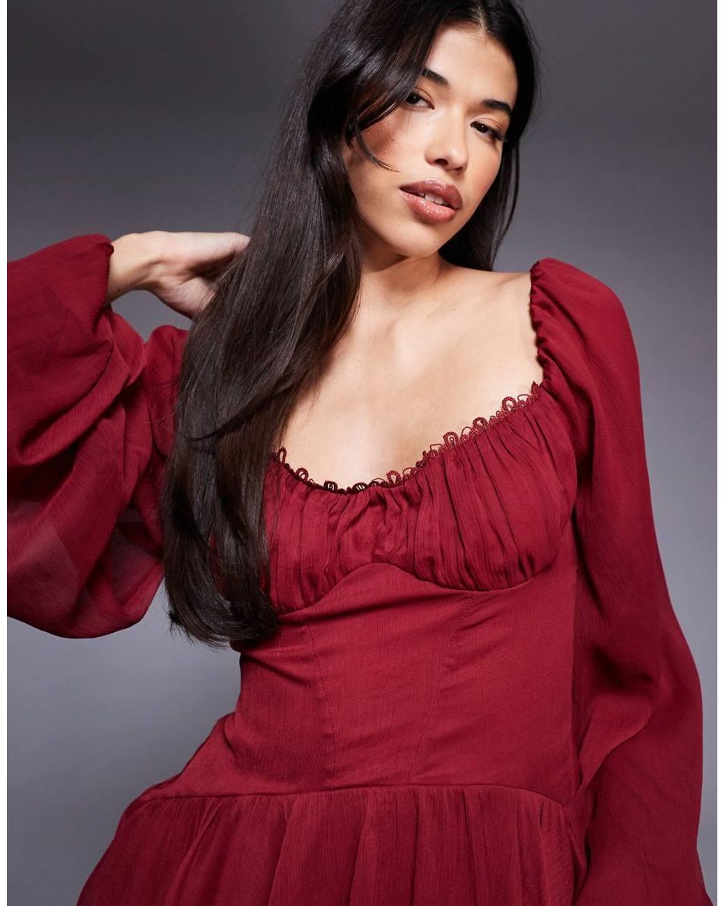 ASOS Red Puff Sleeve Chiffon Lace Up Mini Skater Dress