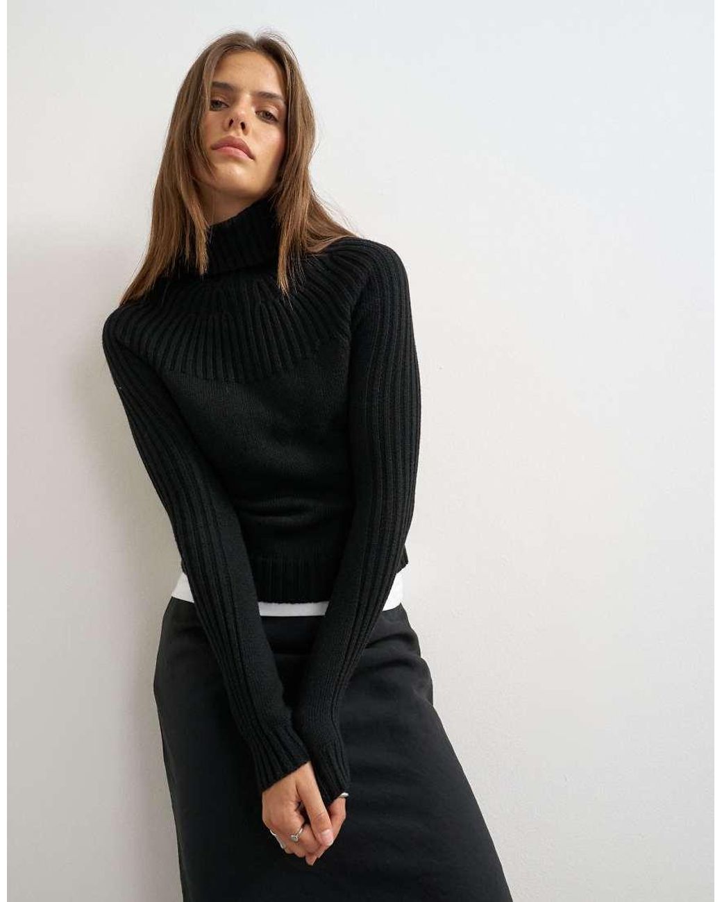 TOPSHOP Black Knitted Rib Yoke Long Sleeve Top