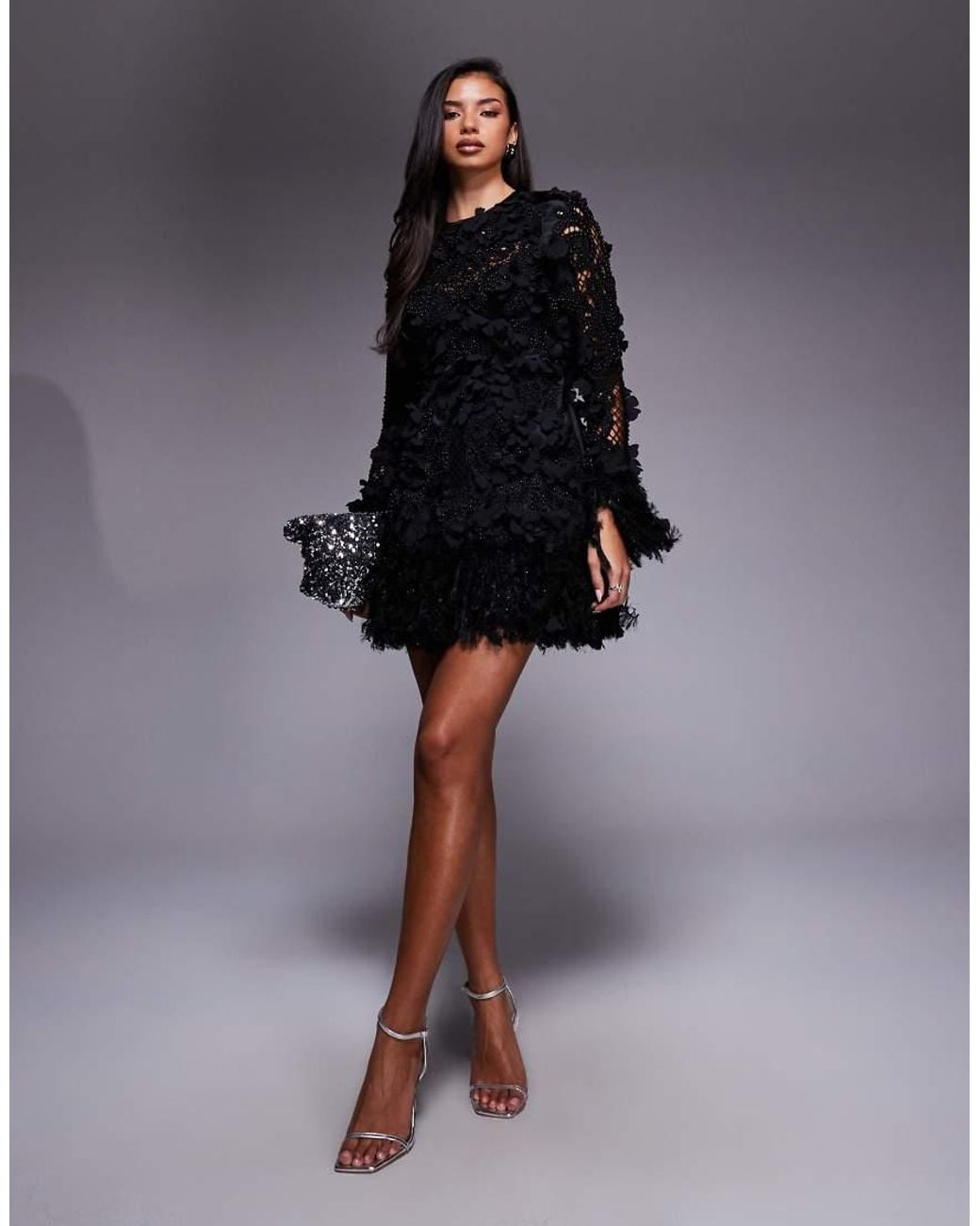 ASOS 3d Floral Embellished Broderie Mini Dress With Faux Feather Trim in  Black | Lyst UK