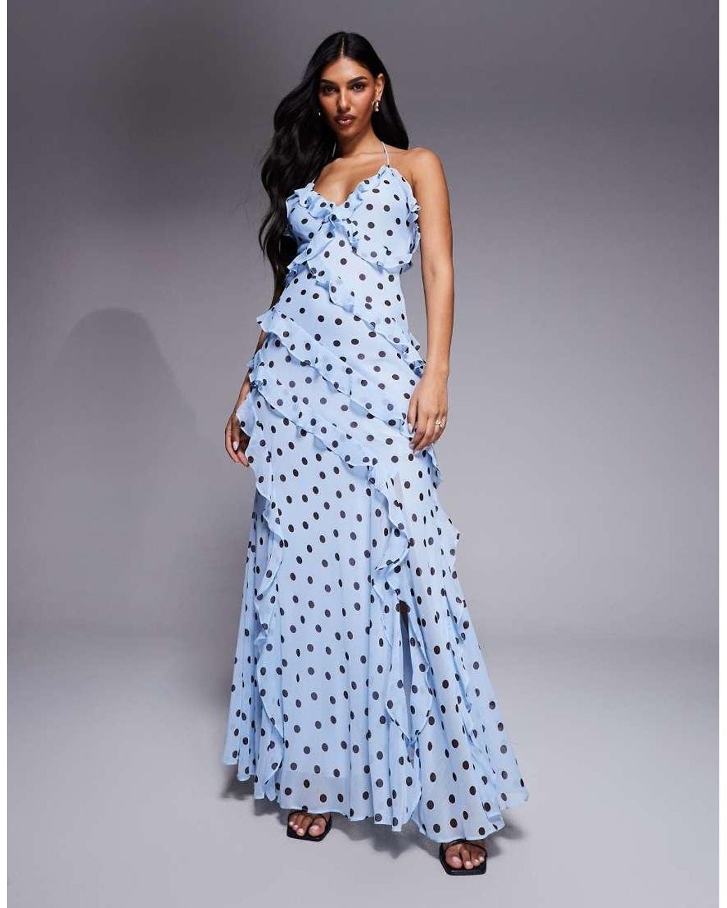 Forever New Blue Low Back Halter Neck Ruffle Maxi Dress