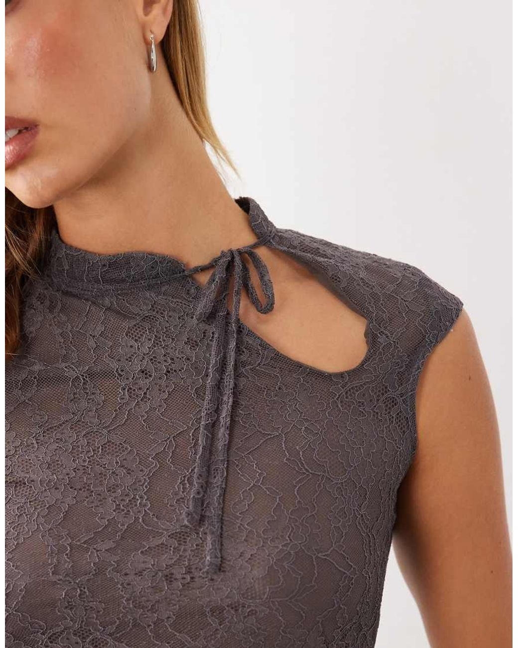 Mango Gray High Neck Cap Sleeve Tie Neck Top