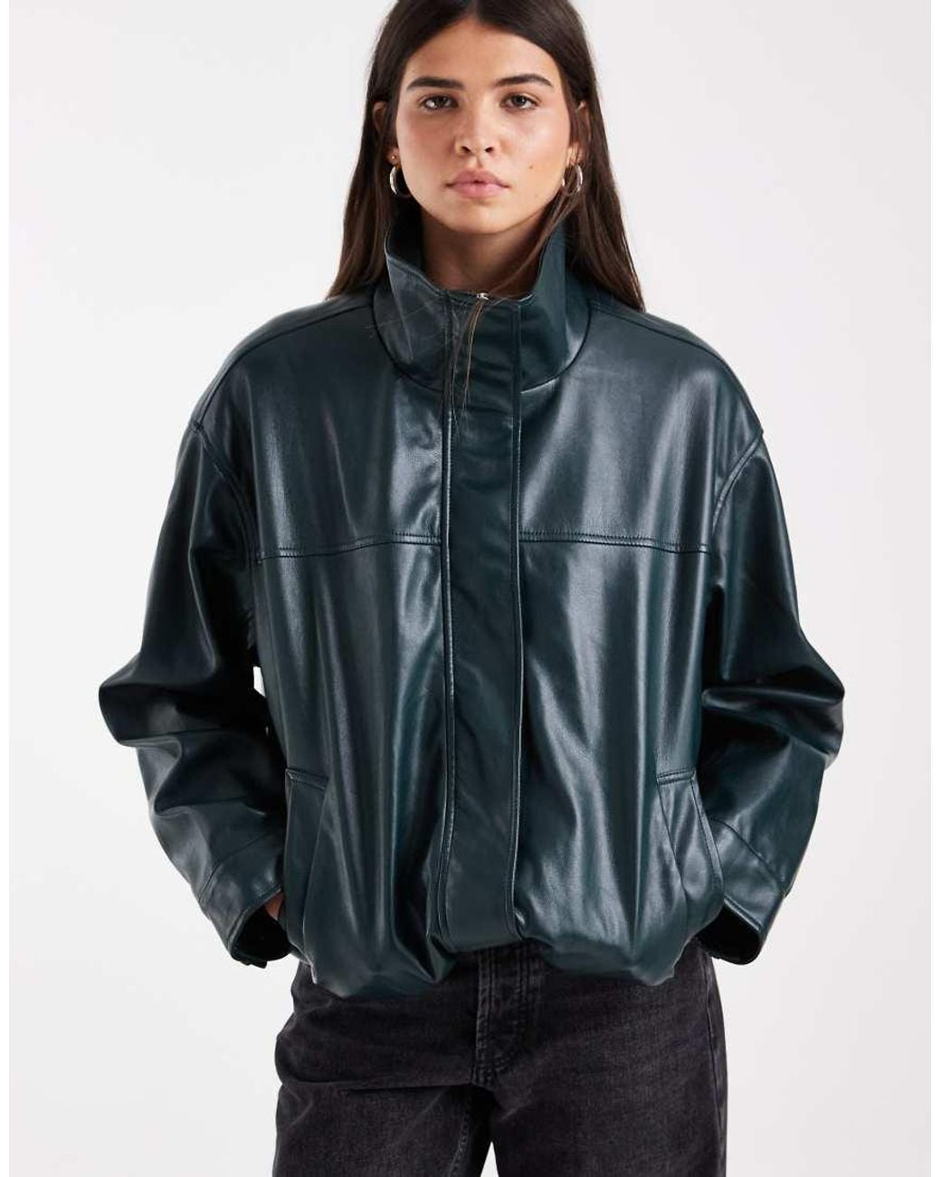 ASOS Green Clean Leather Look Funnel Bomber Jacket
