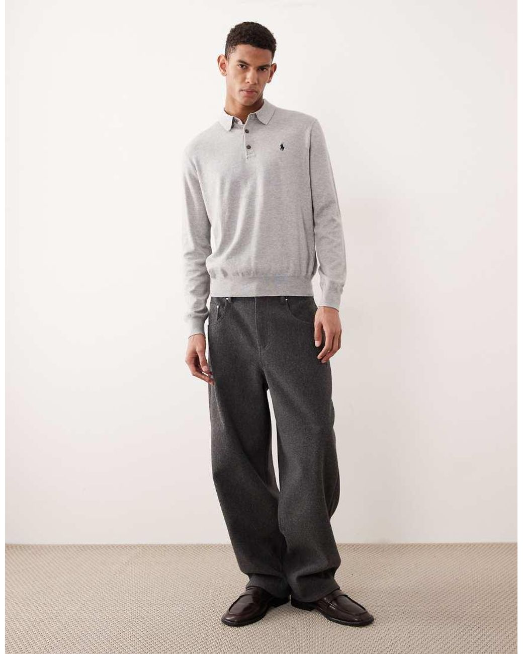Polo Ralph Lauren Gray Icon Logo Cotton Knit Polo Jumper for men