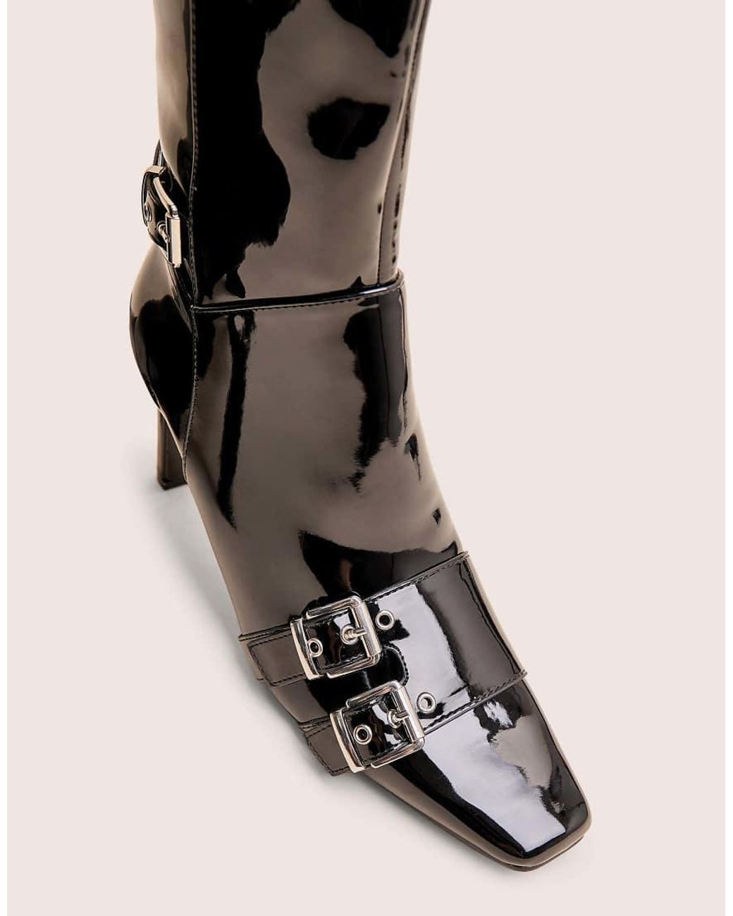 Public Desire Black Ines Patent Buckle Detail Knee High Heeled Boots