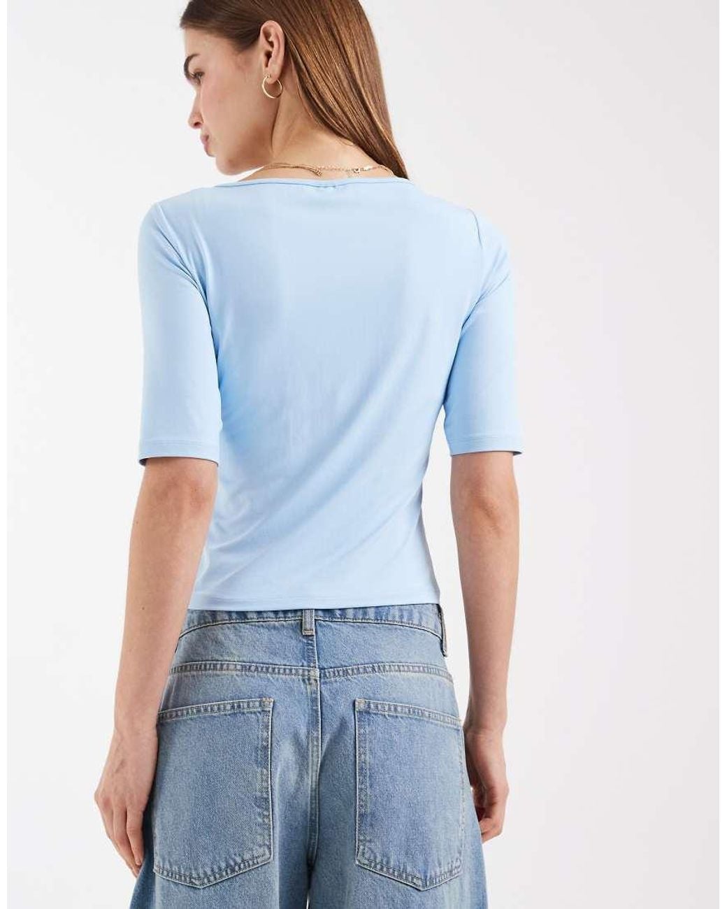 ASOS Blue Polyamide Short Sleeve Plunge Neck Top