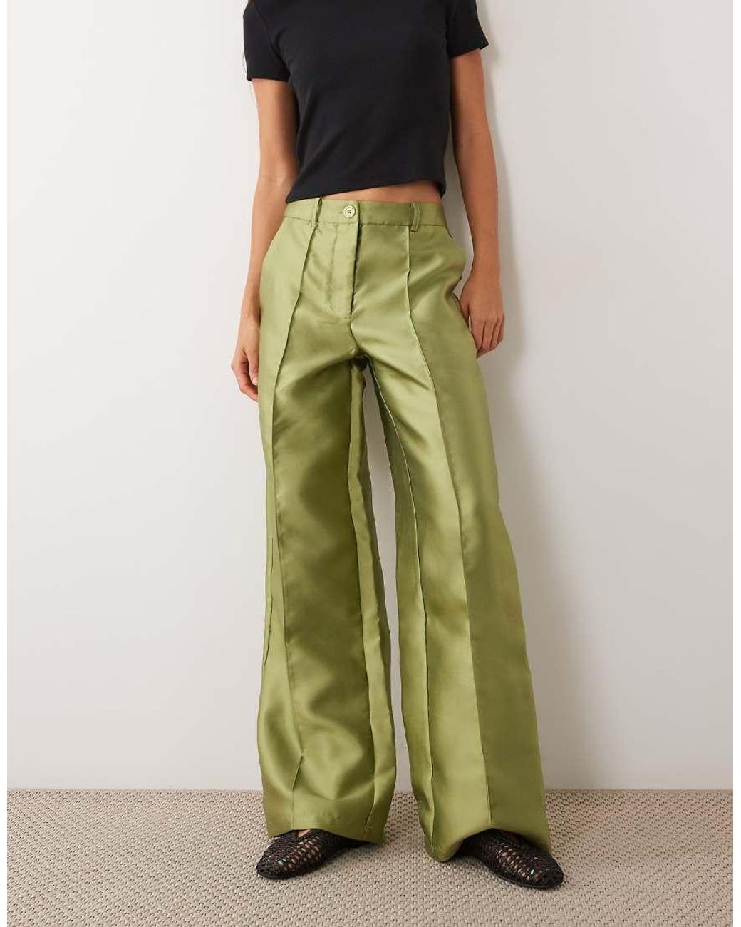 Vila Green Wide Leg Seam Detail Satin Trousers