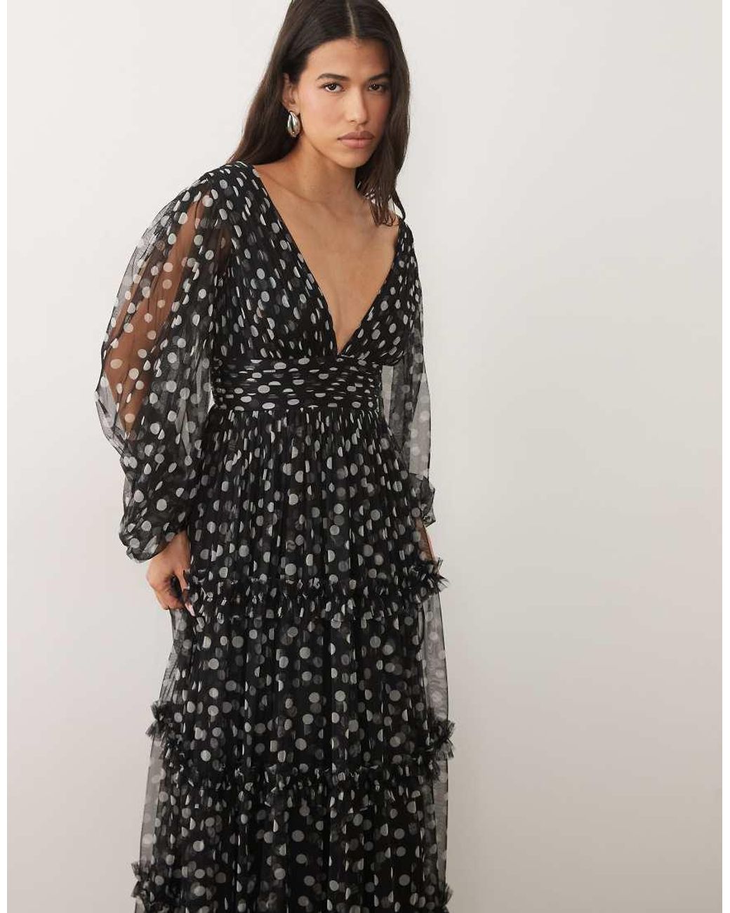 LACE & BEADS Multicolor Tulle Sheer Balloon Sleeve Plunge Neck Tiered Maxi Dress