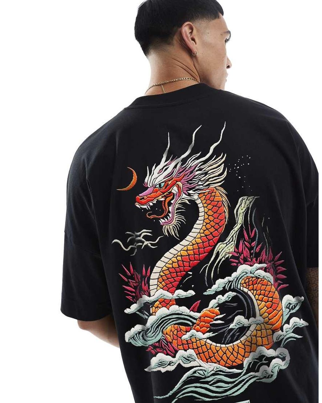PRNT Black Embroidered Dragon Print Oversized T-Shirt