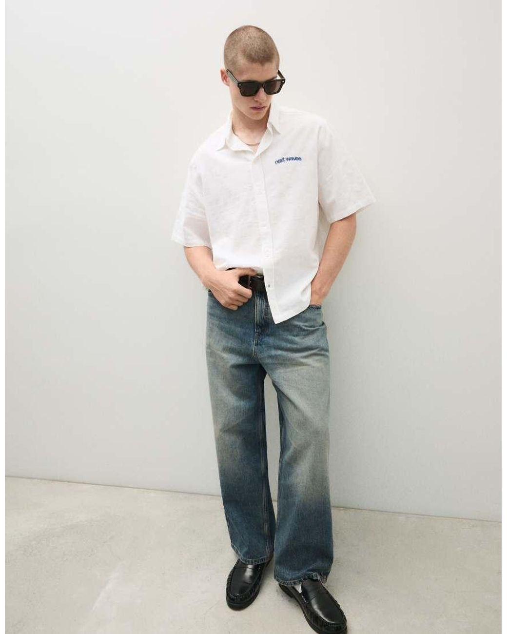Bershka White Short Sleeve Rustic Textured Shirt With Print for men