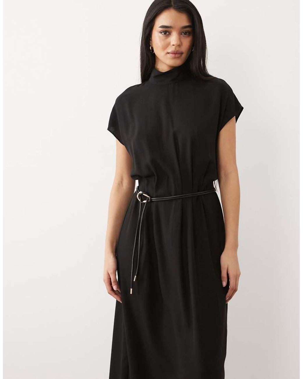 Mango Black High Neck Sleeveless Belted Midi Dress