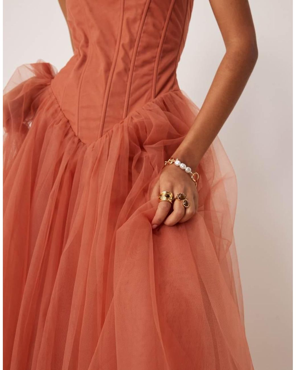 LACE & BEADS Orange Corset Drop Hem Midi Dress