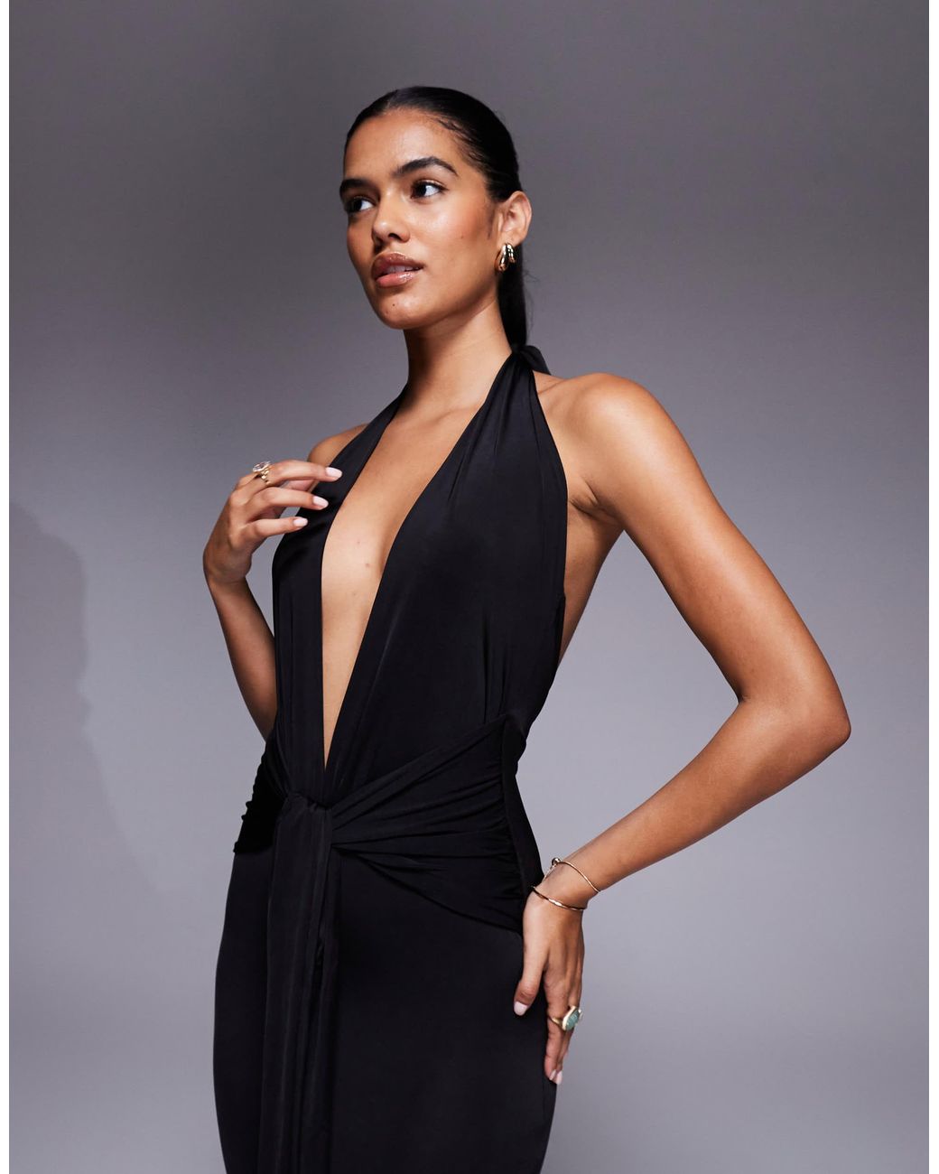princess polly baby blue dress I.AM.GIA Ziva Halterneck Plunge Low Back Tie Waist Maxi Dress in Blue