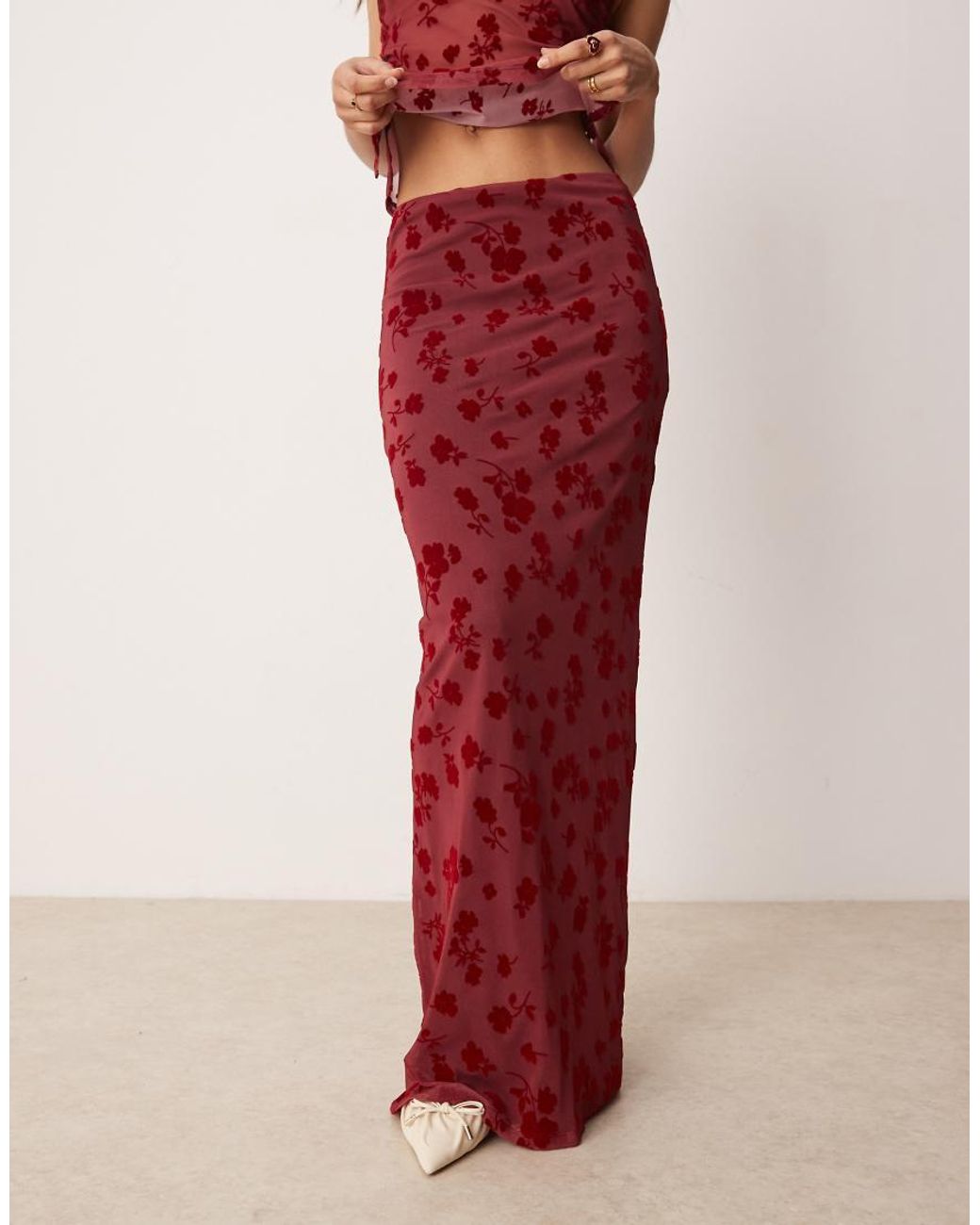 ASOS Red Flocked Mesh Low Rise Maxi Skirt