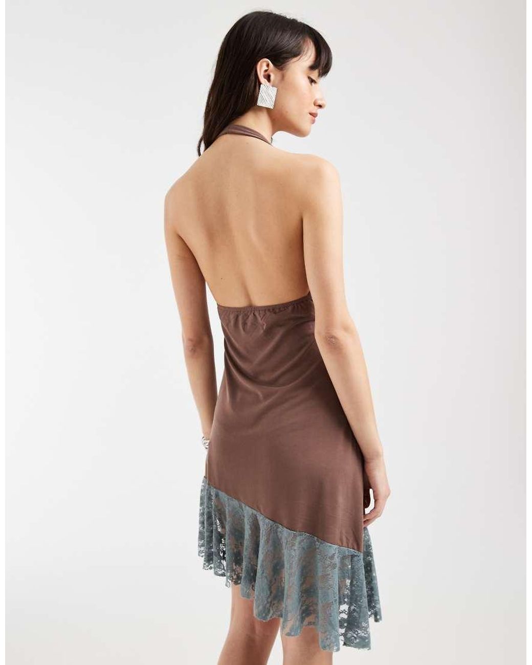 Motel White Sanaya Lace Paneled Aysmetric Halter Dress