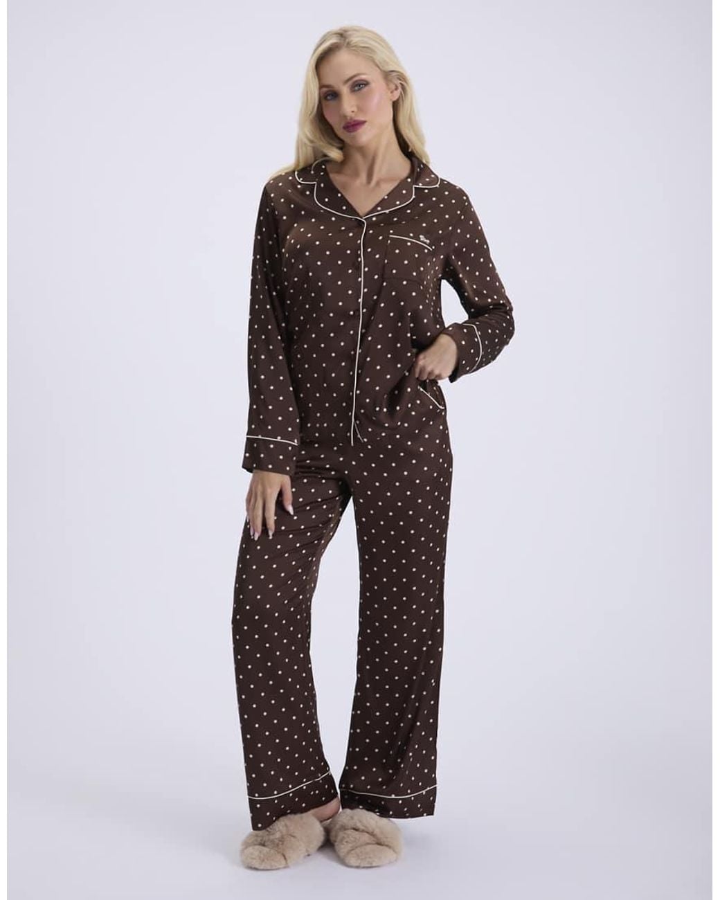 Boux Avenue Brown Polka Dot Satin Long Pyjama Set Top And Trousers Nightwear