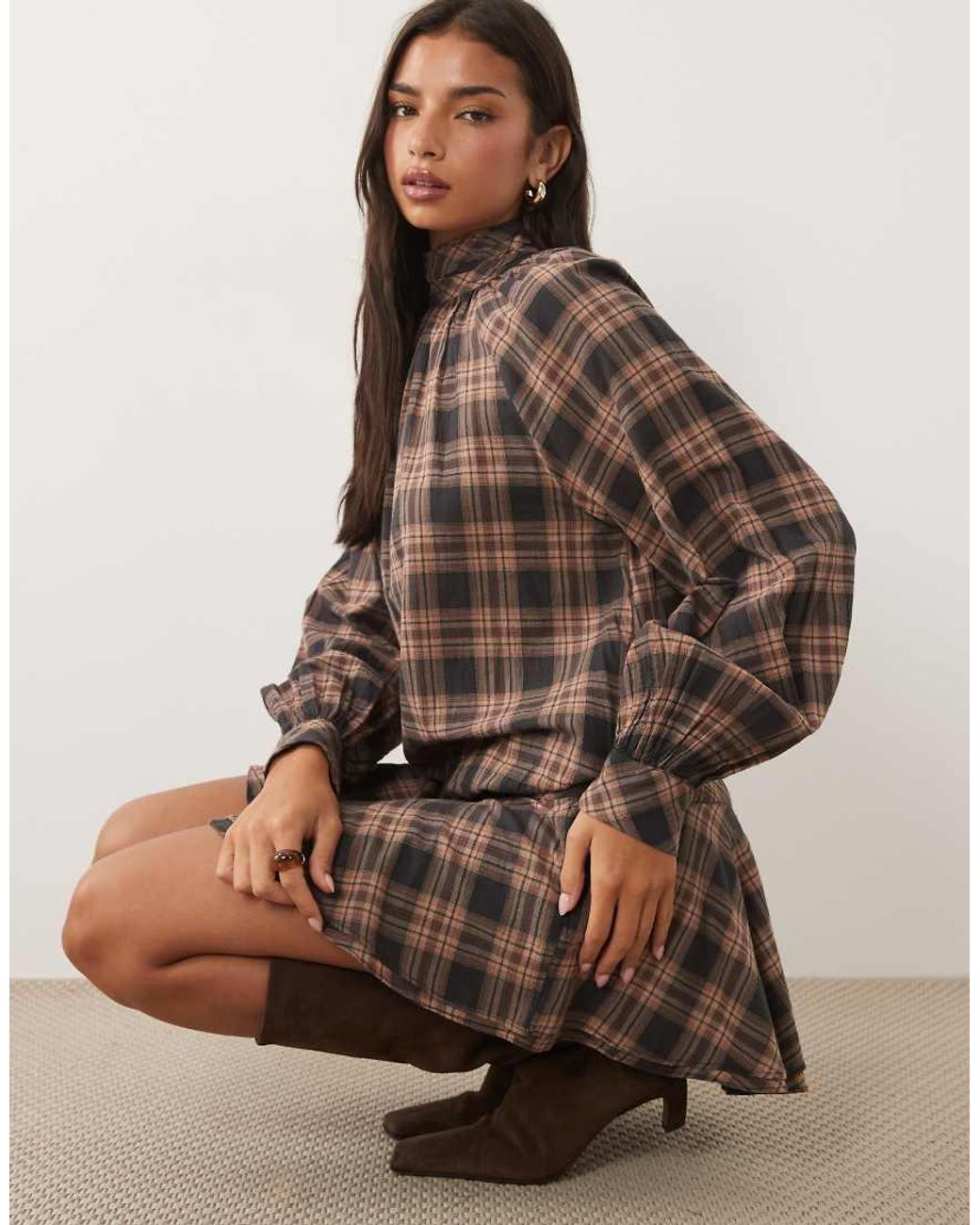 ASOS Brown High Neck Mini Dress With Dropped Waist