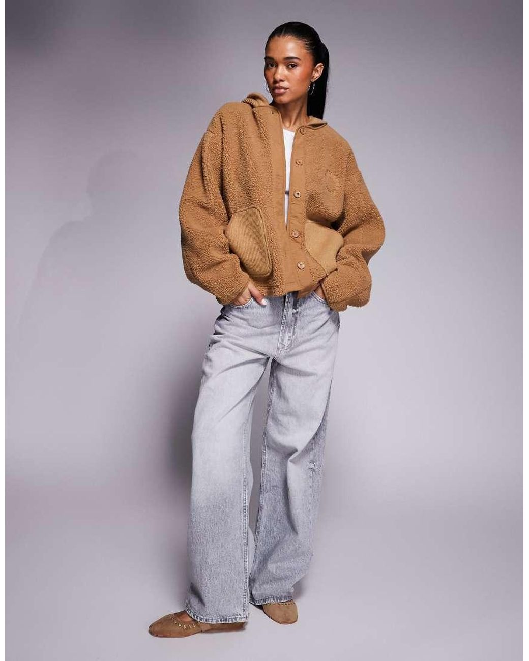 ASOS Gray Weekend Collective Knit Rib Mix Borg Hooded Jacket