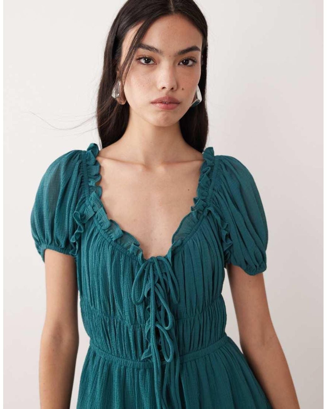ASOS Blue Boho Ruffle Puff Sleeve Mini Dress