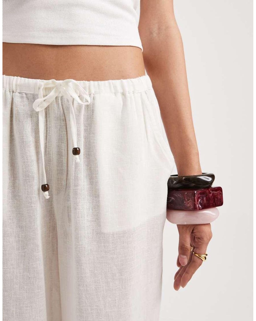 ONLY White Linen Blend Wide Leg Trouser