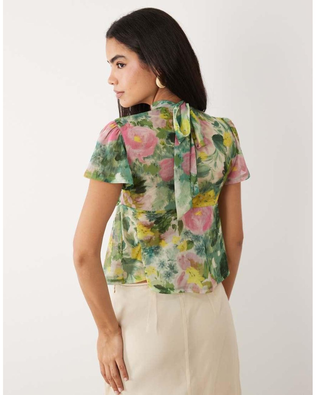 ASOS Green Floaty Mesh Flutter Sleeve Top With Tie Back Detail