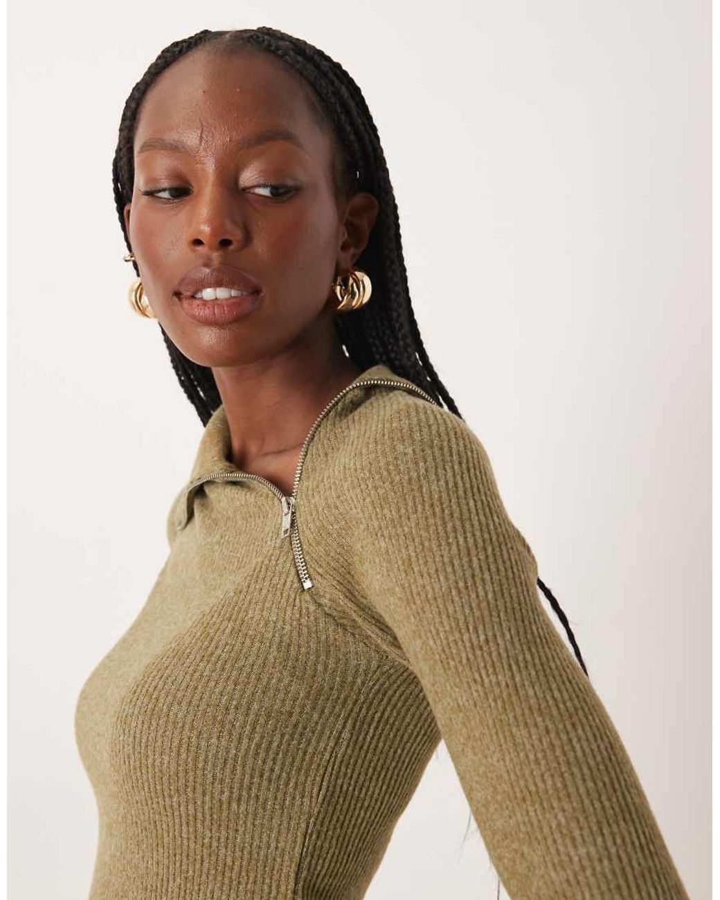ASOS Green Supersoft Brushed Rib Long Sleeve Top With Zip Detail