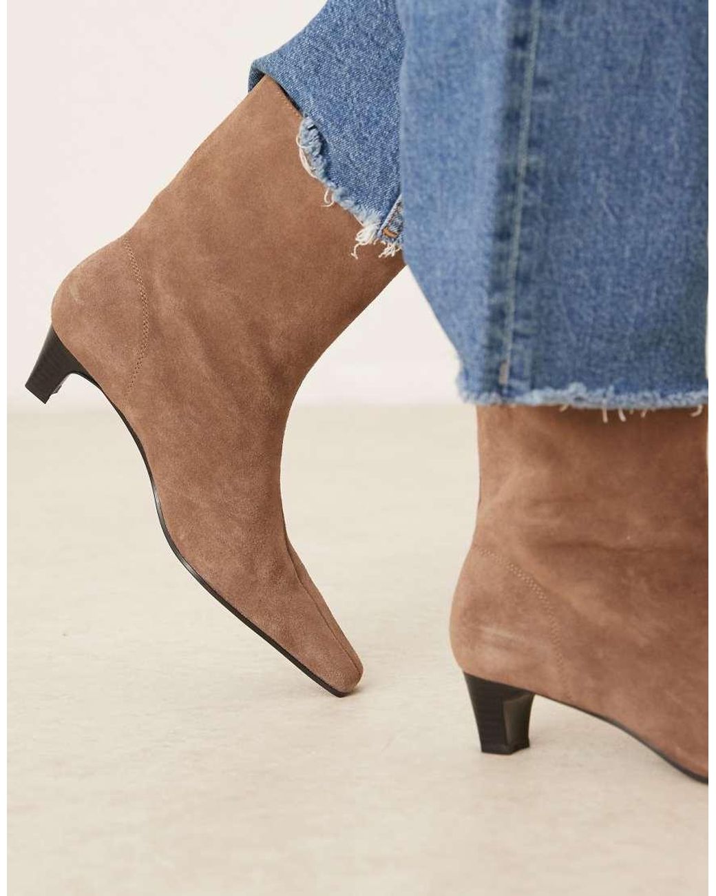 Mango Blue Suede Square Toe Low Heeled Boots