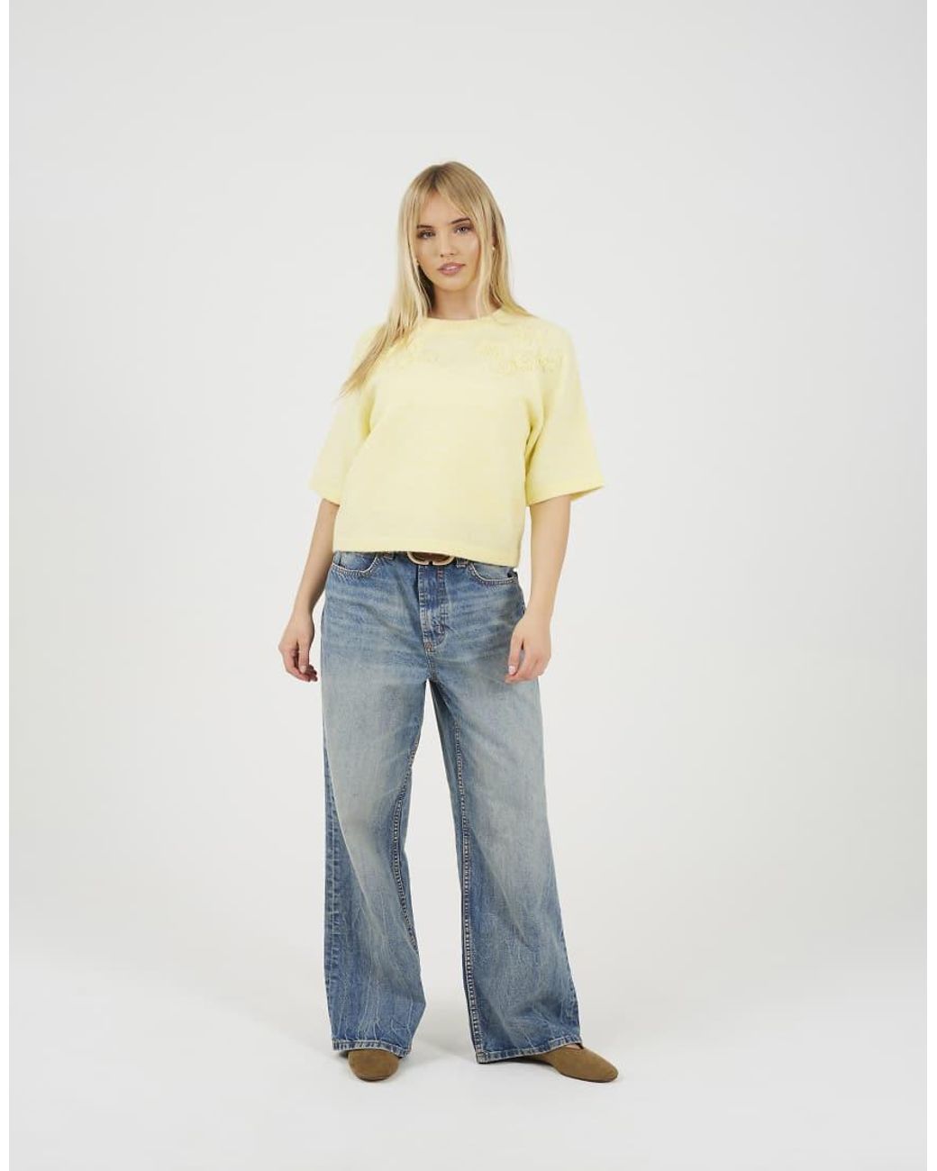 Brave Soul Yellow Short Sleeve Jumper With Floral Embroidery
