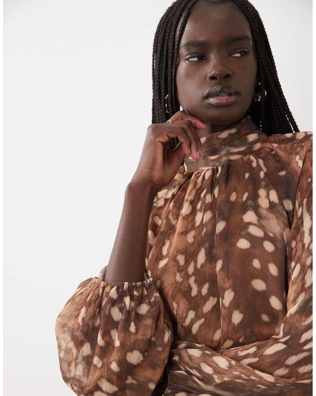 Mango Brown High Neck Long Sleeve Mini Dress