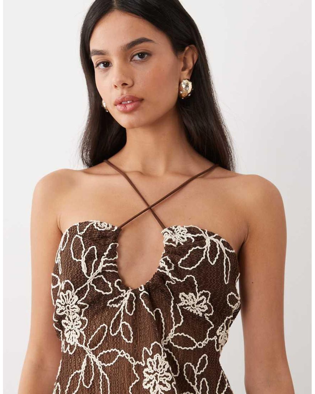 ASOS Brown Embroidered Crochet Halter Top