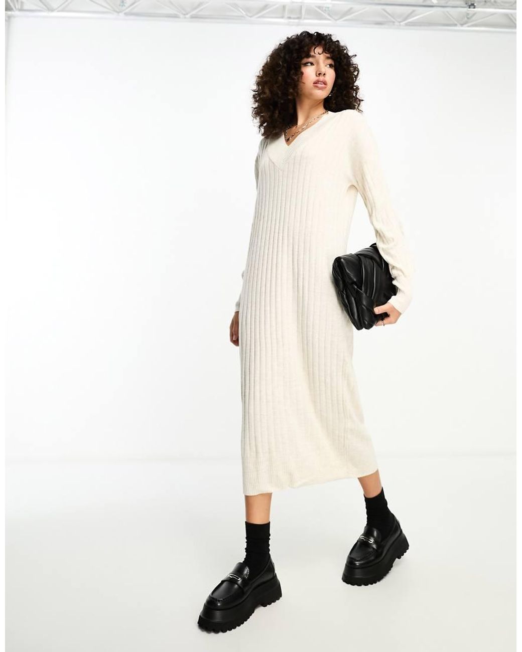 ONLY Natural Knitted V Neck Maxi Dress