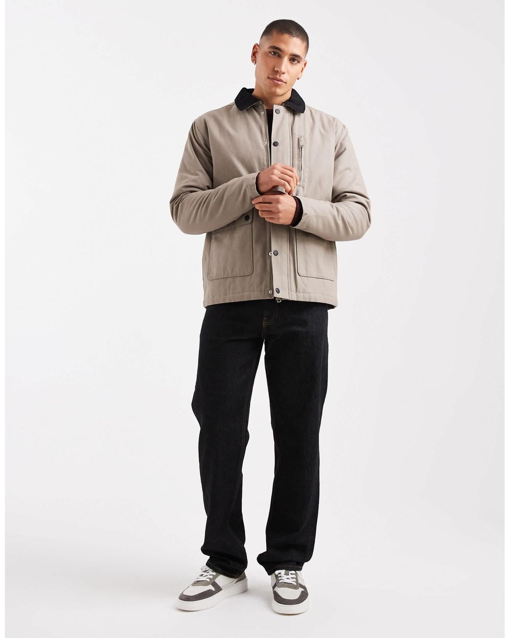 Threadbare Natural Canvas Jacket With Front Pockets And Contrast Collar for men