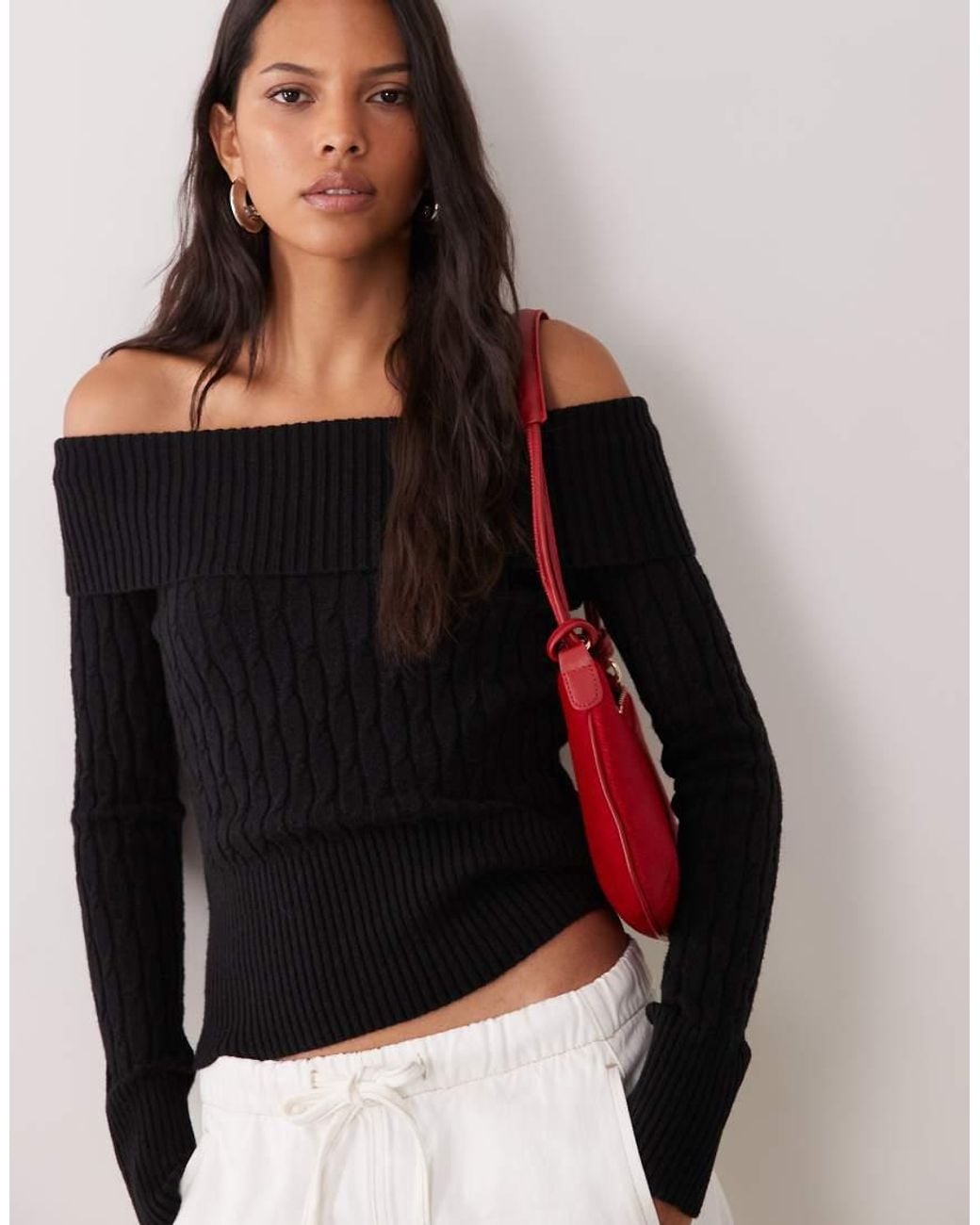 Cotton On White Cinched Cable Knit Off Shoulder Knit Jumper