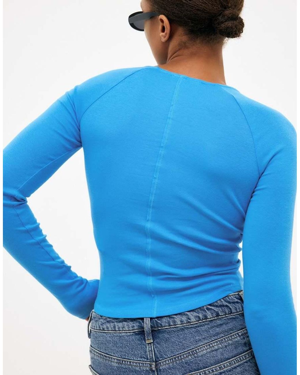 NA-KD Blue Long Sleeve Rounded Hem Jersey Top