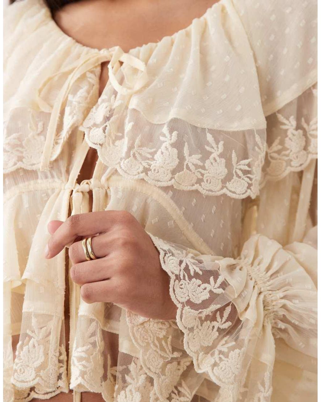 Miss Selfridge Natural Chiffon And Lace Tie Front Top
