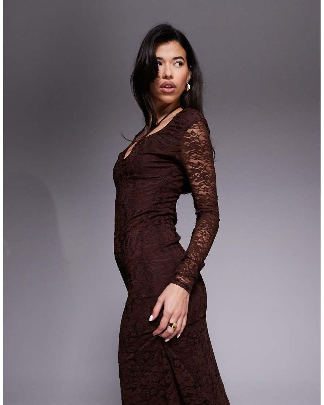 ASOS Brown Lace Long Sleeve Tie Front Midi Dress