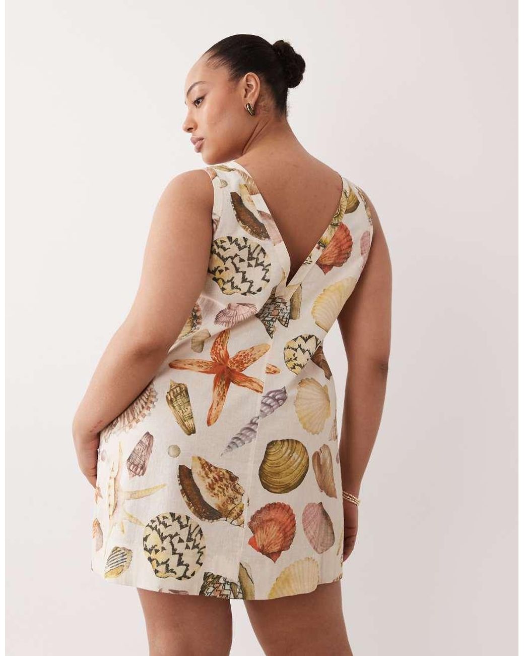 ASOS Brown Asos Design Curve Cotton Linen V Neck Smock Mini Dress