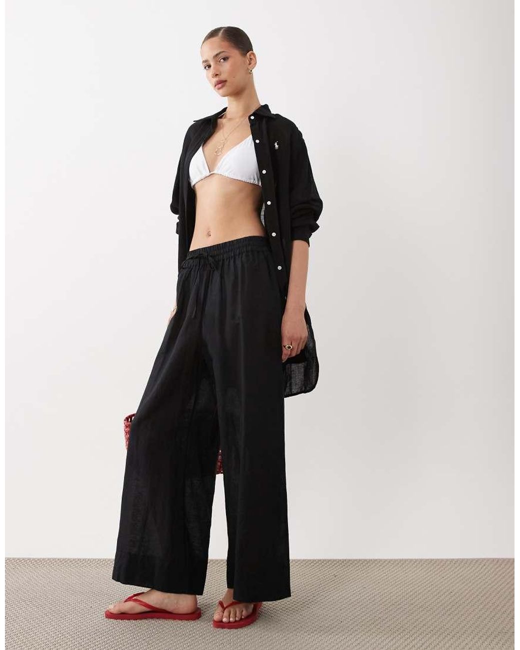 Polo Ralph Lauren Black Cotton Linen Smocked Pull On Pant Cover-Up