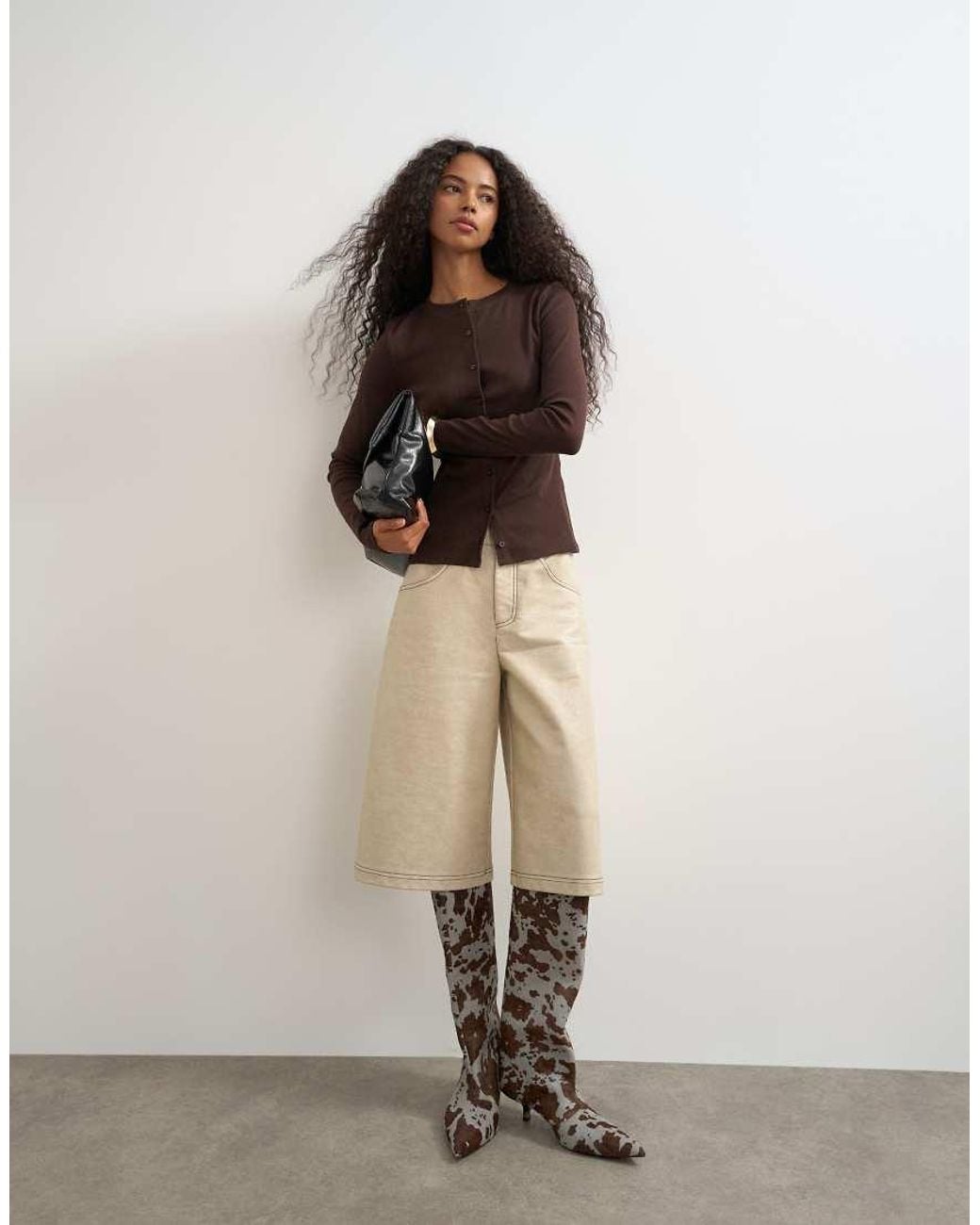 TOPSHOP Brown Button Through Long Sleeve Top