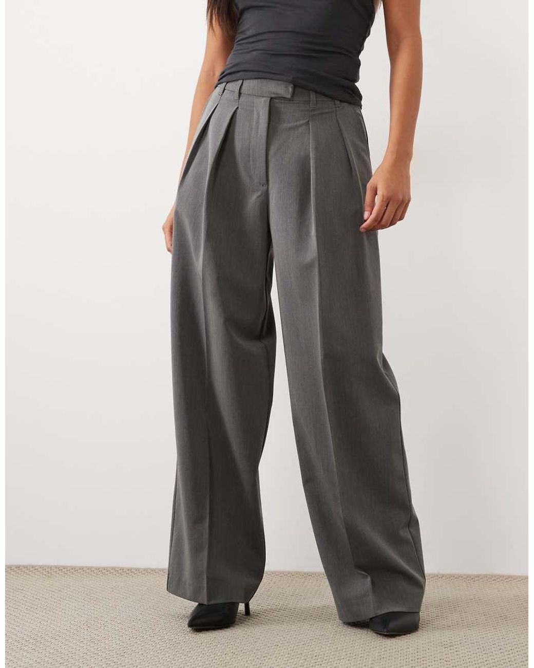 ASOS Black Petite Tailored Wide Leg Trousers With Pleat Detail