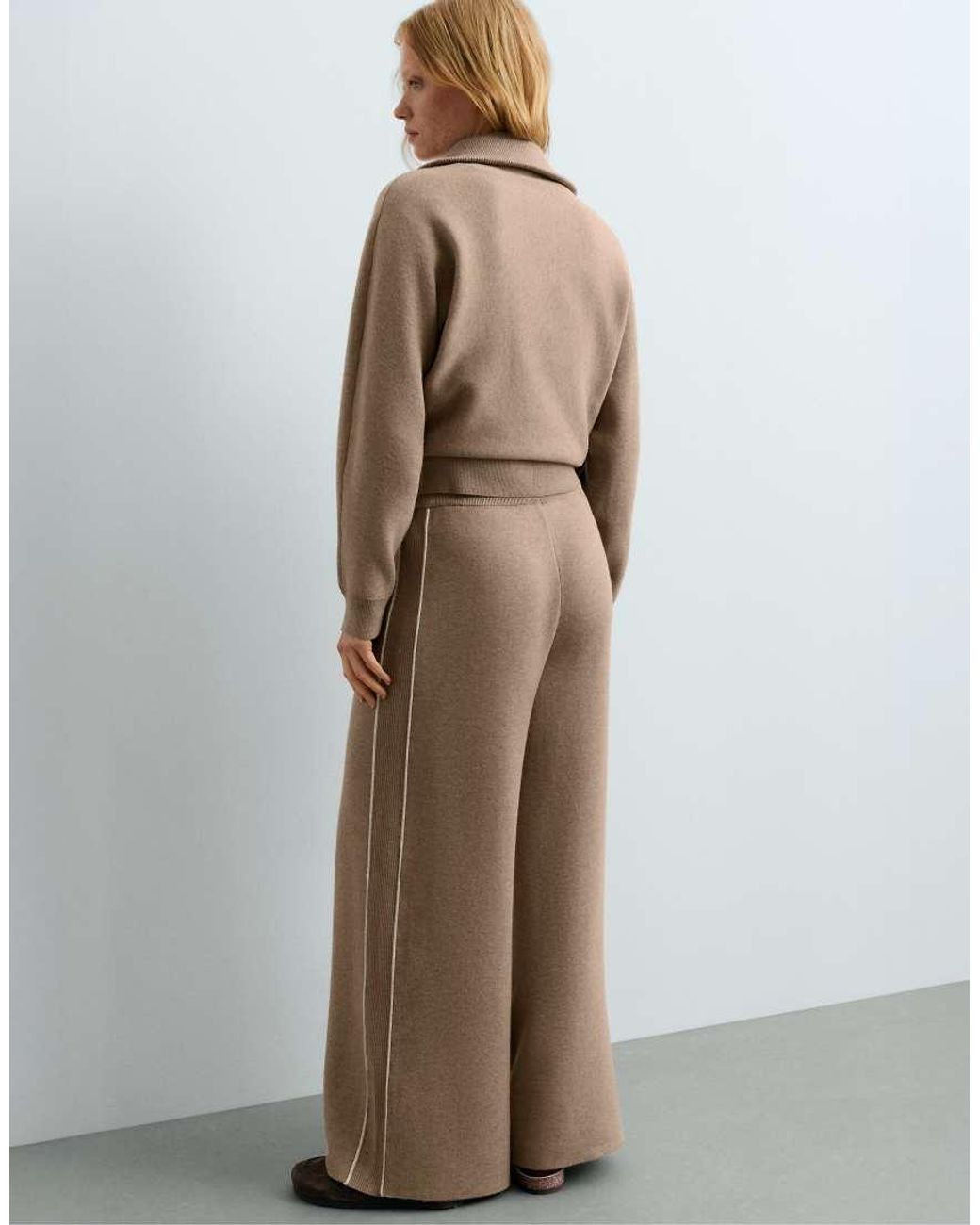 Oysho Brown Straight-Leg Knit Trousers With Rib Piping