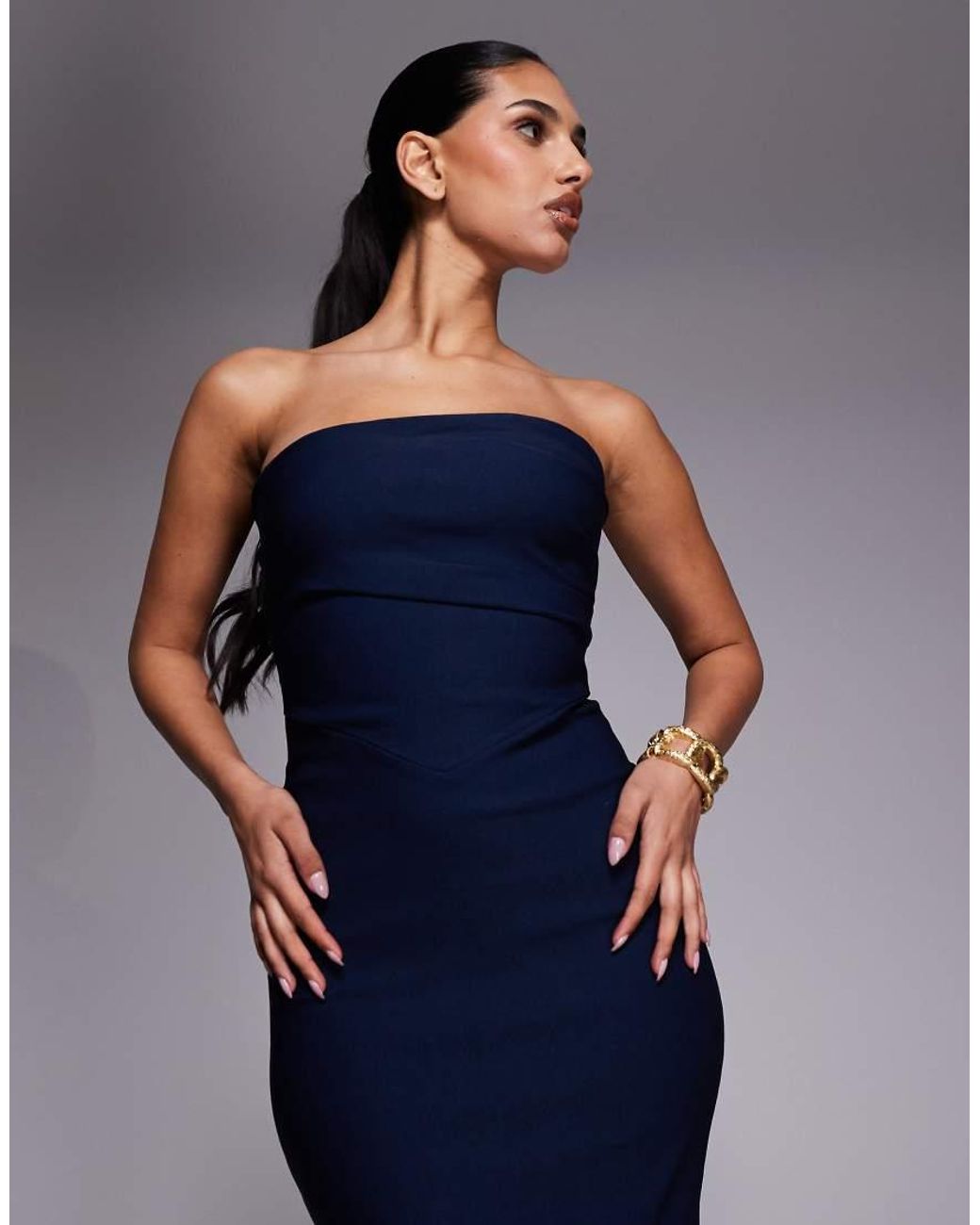 Vesper Blue Bengaline Drape Waist Bandeau Maxi Dress