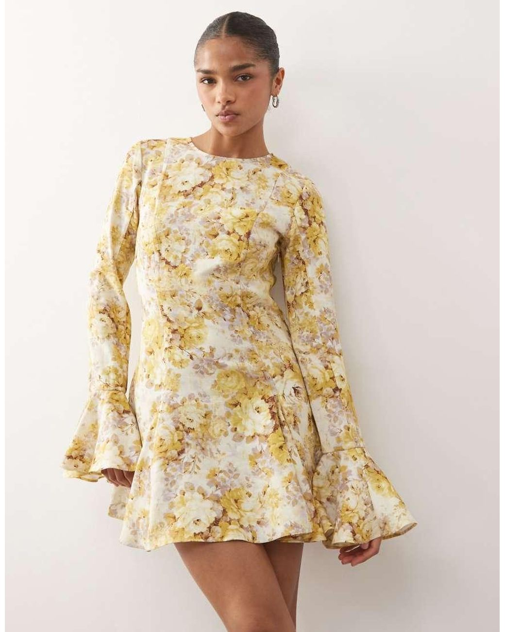 Monki Natural Floaty Long Sleeve Mini Dress