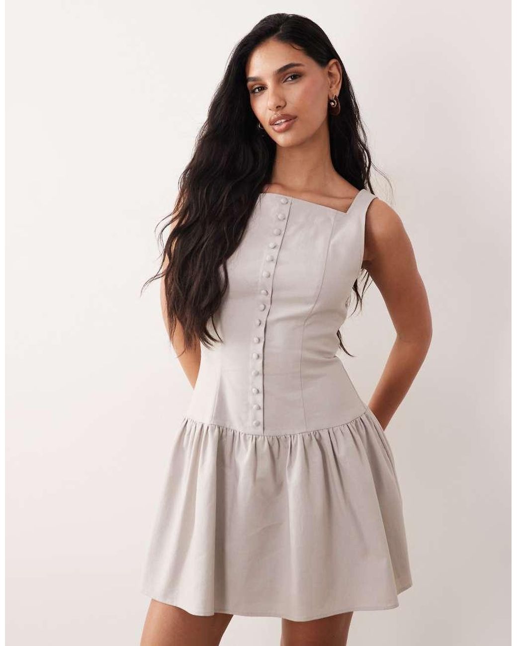 Kaiia Gray Exclusive Linen Blend Square Neckline Button Detail Mini Dress