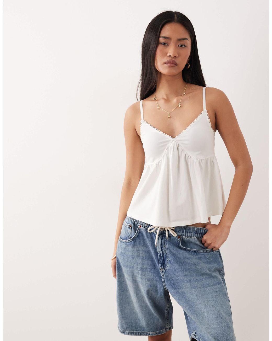 ASOS Trim Detail Babydoll Cami in White | Lyst
