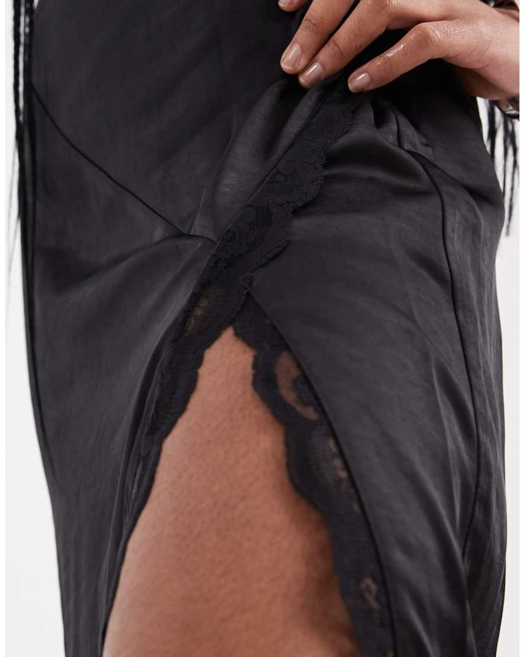 4th & Reckless White Satin Cami Strappy Lace Detail Split Front Maxi Dress