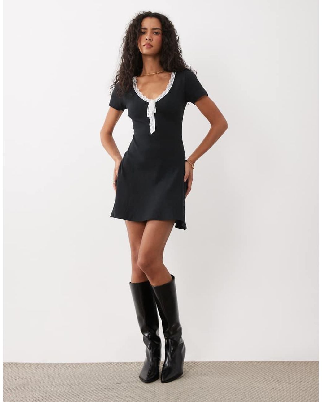 Miss Selfridge Black V-neck Short Sleeve Mini Dress With Bow
