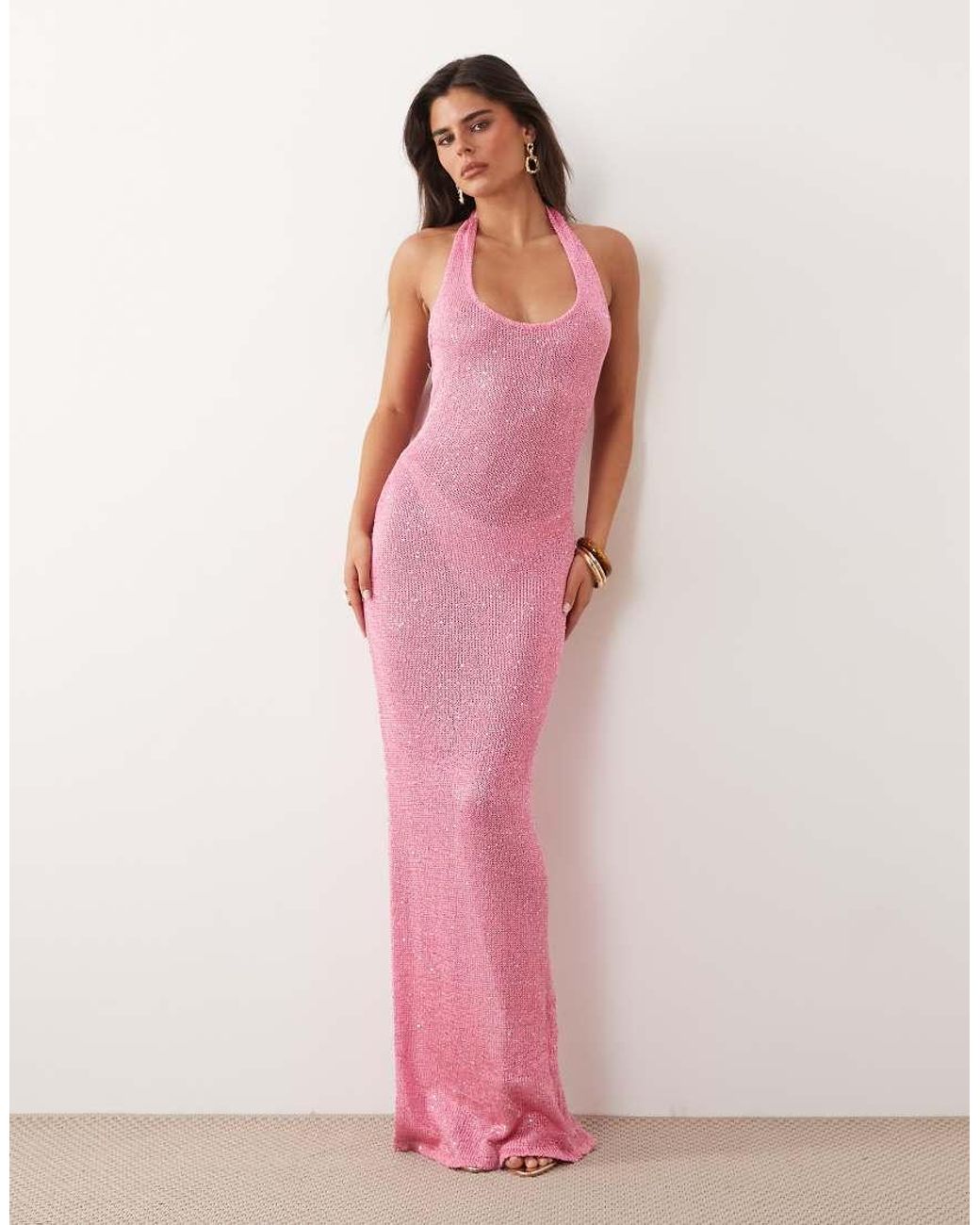 Noughts & Kisses Pink Cotton Blend Halterneck Sparkle Knit Maxi Dress