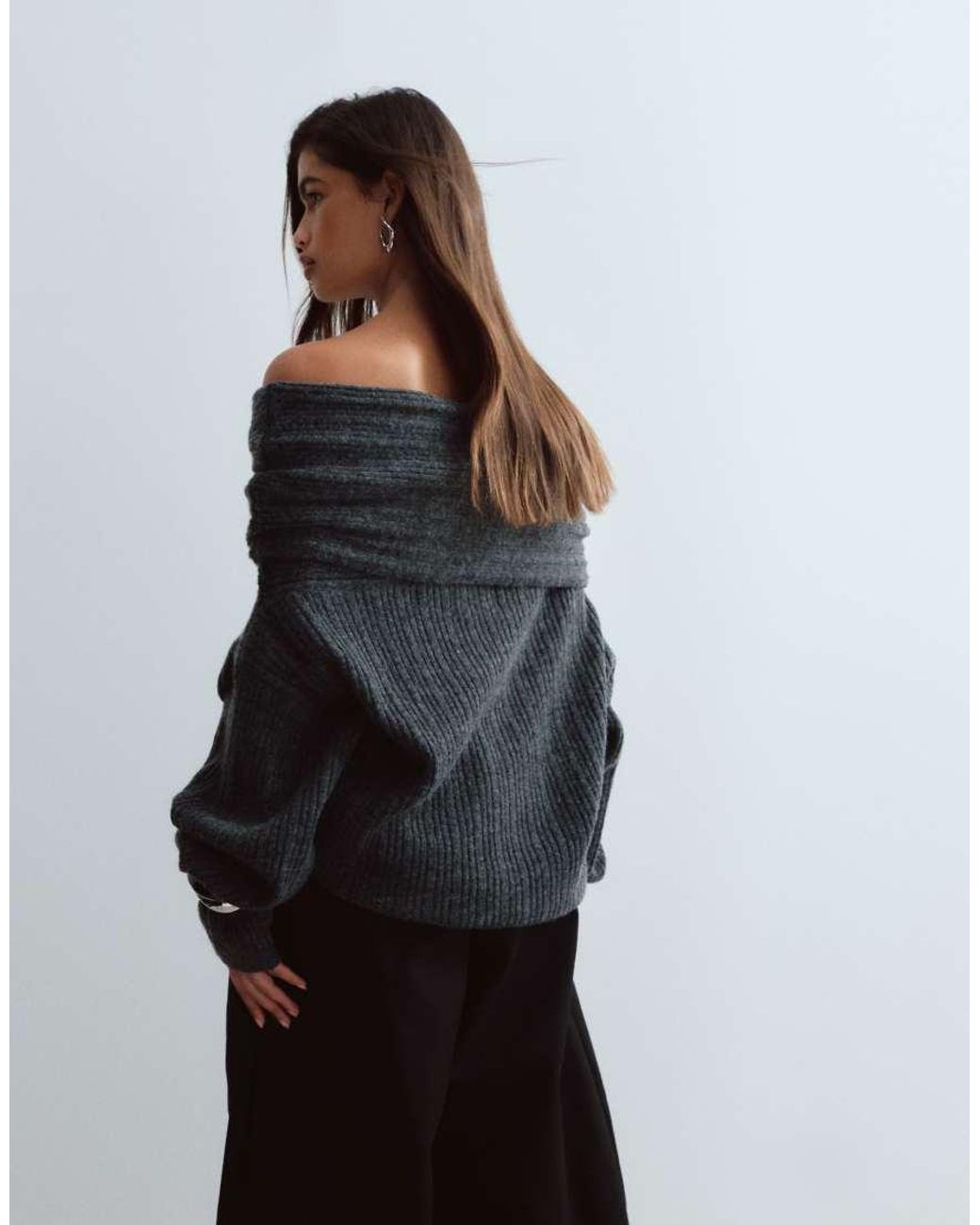 ARRANGE Gray Chunky Rib Knitted Off Shoulder Long Sleeve Jumper