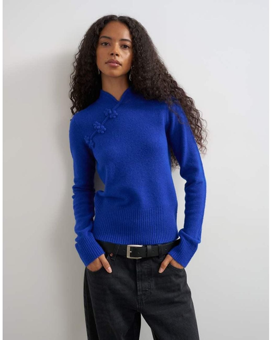 TOPSHOP Blue Knitted Deep Rib Mandarin Collar Long Sleeve Top With Wool
